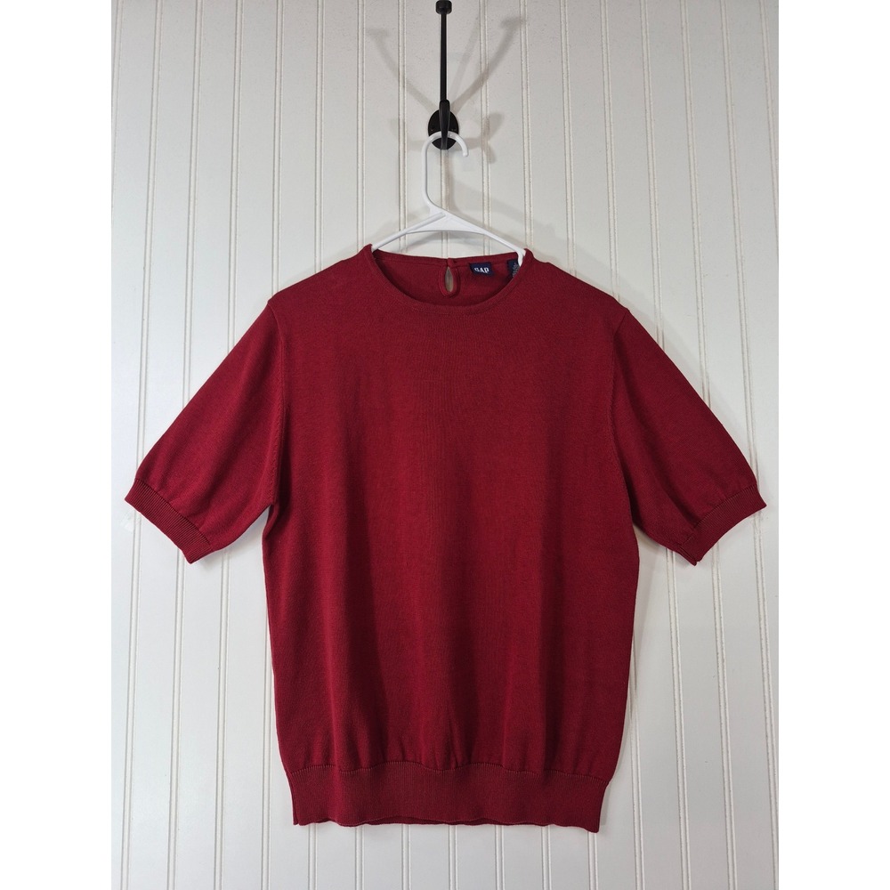 Vintage Gap Short Sleeve Knit Sweater Burgundy Cotton Crew Neck Keyhole Large